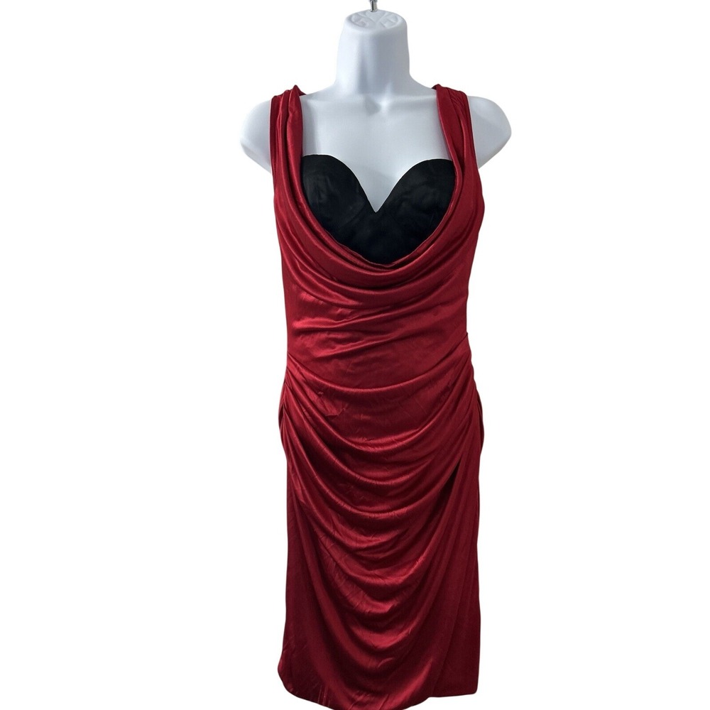 Draped Ruched Bodycon Dress XS Red Black Cowl Neck Midi Glam Sirencore Romantic
